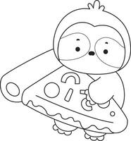 Outline of sloth bring a pizza. Coloring pages of cute sloth. vector