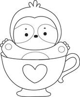 Outline of sloth is stuck in the cup of tea. Coloring pages of cute sloth. vector
