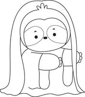 Outline of sloth wearing a long hair and white ghost. Coloring pages of cute sloth. vector