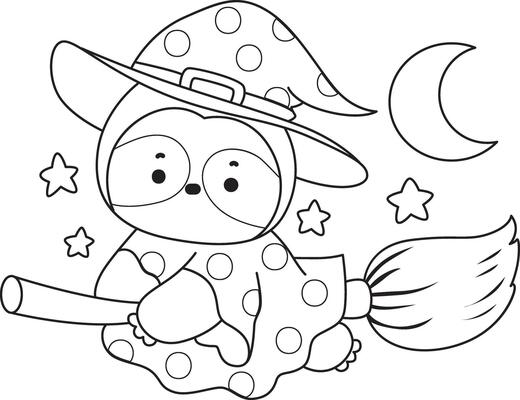 Outline of witch sloth flying wit broom stick. Coloring pages of cute sloth.
