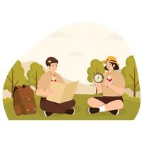 A scout boy reading a map while a scout girl uses a compass to navigate in the wild. vector