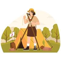 A scout girl practicing knot-tying with poles near a tent during a camping trip. vector