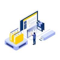 Person interacting with digital data management interface vector