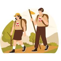 Two scouts hiking with backpacks and flags along a trail in a forest. vector