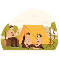 Scouts sit around a tent while one of them tells a story, creating a bonding moment during camping. vector