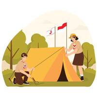 Two scouts work together to pitch a tent during a camping activity, surrounded by trees and flags. vector