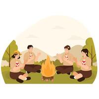 A group of young scouts sitting around a campfire, clapping and enjoying the evening at camp. vector