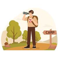 A scout stands on a trail using binoculars to observe the surroundings during a camp adventure. vector