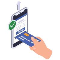 A credit card is inserted into a smartphone to complete an online payment. vector