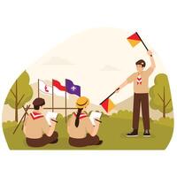 Scouts practicing semaphore signaling with flags during a training session at camp. vector