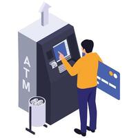 A man withdrawing money from an ATM using his credit card. vector
