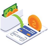 A smartphone displaying RECEIVED while cash and coins are being transferred. vector