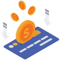 Coins transferring from a credit card to a bank building indicating financial transactions. vector