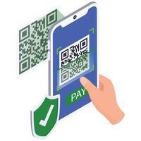 A smartphone scanning a QR code to complete a digital payment. vector