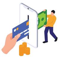 A wallet sending cash and coins to a smartphone, marking a successful fund receipt. vector