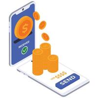 Coins transferring between two mobile phones as a transaction is sent and received. vector