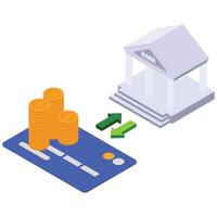Coins moving between a credit card and a bank building, symbolizing fund transfer. vector