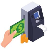 Hand inserting a large bill into an ATM to make a cash deposit. vector