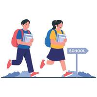 A boy and girl in uniform excitedly run toward school while carrying books and backpacks. vector