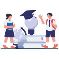 School Children discussing around books and a globe with a graduation cap on a lightbulb, symbolizing knowledge and achievement. vector