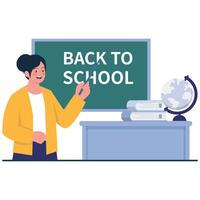 A smiling teacher stands in front of a chalkboard with Back to School written on it, welcoming students to a new academic year. vector