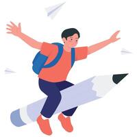 A happy schoolboy flying on a large pencil surrounded by paper planes, symbolizing imagination and creativity in learning. vector