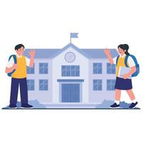 Two cheerful students waving to each other in front of the school building. vector