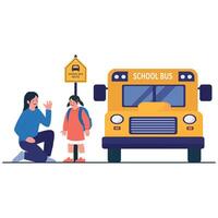 A mother waving goodbye to her daughter at the school bus stop on the way to school. vector
