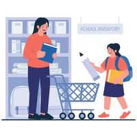 A mother and daughter choose books and stationery together in preparation for the new school semester. vector