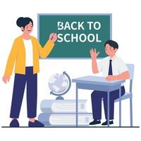 A smiling teacher welcomes a student back to class in front of a blackboard and study materials. vector