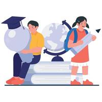 Two kids explore learning with a globe and lightbulb, symbolizing knowledge and creativity in education. vector