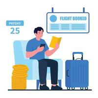 Man sitting with a phone and ticket on payday, ready for travel after booking a flight. vector