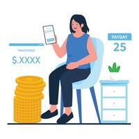 A smiling woman checks her payday bank transfer notification while sitting beside a stack of gold coins. vector