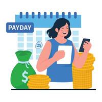 Happy woman surrounded by money and calendar while checking payday notification on mobile. vector