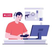 A gamer streams a live session while playing a shooting game with a controller and headset. vector
