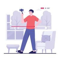 A man does a livestream vlog using a camera stick while walking indoors with visible engagement stats. vector
