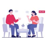 Two people engage in a live-streamed conversation in a talk show-style setup at home. vector