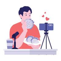 A man is recording himself enjoying food while live streaming for his audience. vector