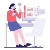 A woman explores digital earnings on a computer with statistics and graphs. vector