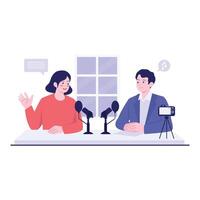 A duo records a podcast with microphones and camera in a home studio setting. vector