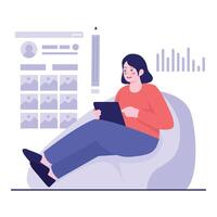 A woman relaxes while managing content and analytics on her digital platform. vector