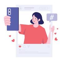 A woman takes a selfie inside a social media frame while gaining likes and attention. vector
