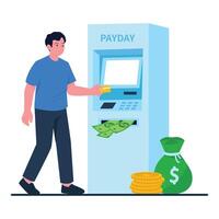 A man withdraws his salary at an ATM machine as cash and coins appear around him. vector