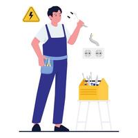 Technician repairing an electrical socket with tools on a side table. vector