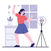 A young woman records a dance at home using a phone and ring light for social media content. vector