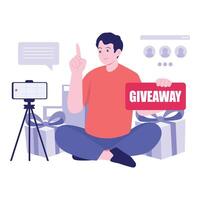 A man is announcing a giveaway while engaging viewers during a live broadcast. vector