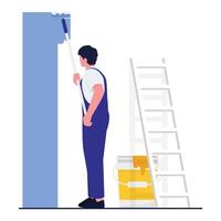 A painter is rolling blue paint on the wall using a long handle roller. vector