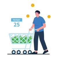A man pushes a shopping cart full of cash bills, enjoying payday with a money-themed splurge. vector