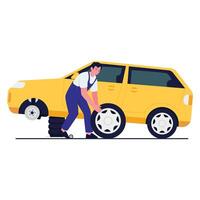 Mechanic changing a car tire using a lifting jack. vector