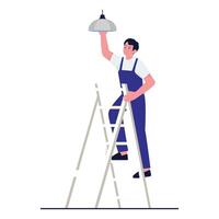 A repair worker stands on a ladder while installing or fixing a ceiling light. vector